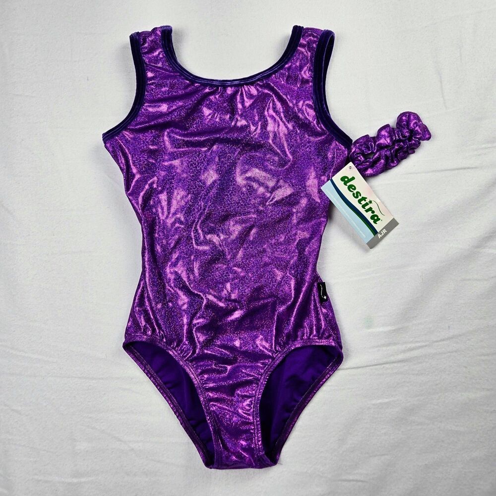 NWT Destira Adult Junior AJR Leotard Purple Foil Gymnastics Scrunchie Split Back